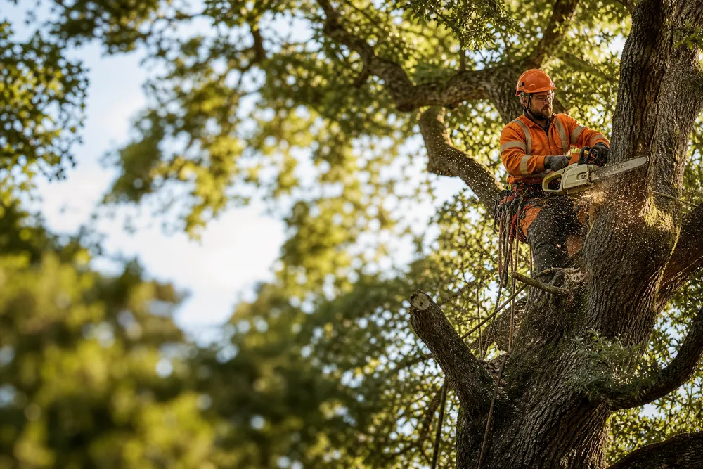 Arborist cutting a branch with a chainsaw, sawdust in the light